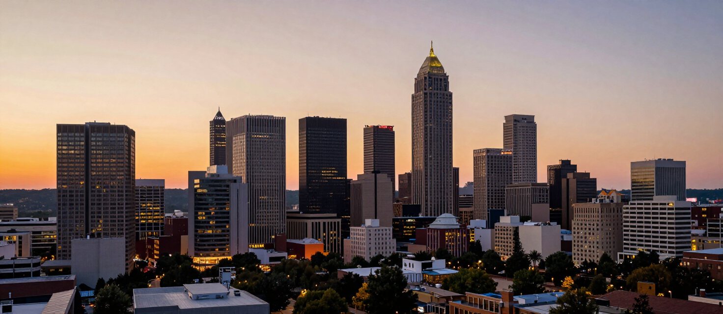 Atlanta Georgia skyline at dusk over the metro service area